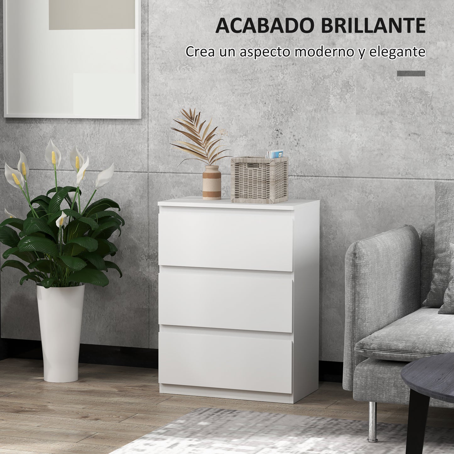 HOMCOM Cómoda con 3 Cajones Cómoda de Dormitorio Moderno con Diseño Anti-vuelco Cajonera para Salón Pasillo 55x34x75 cm Blanco Brillo