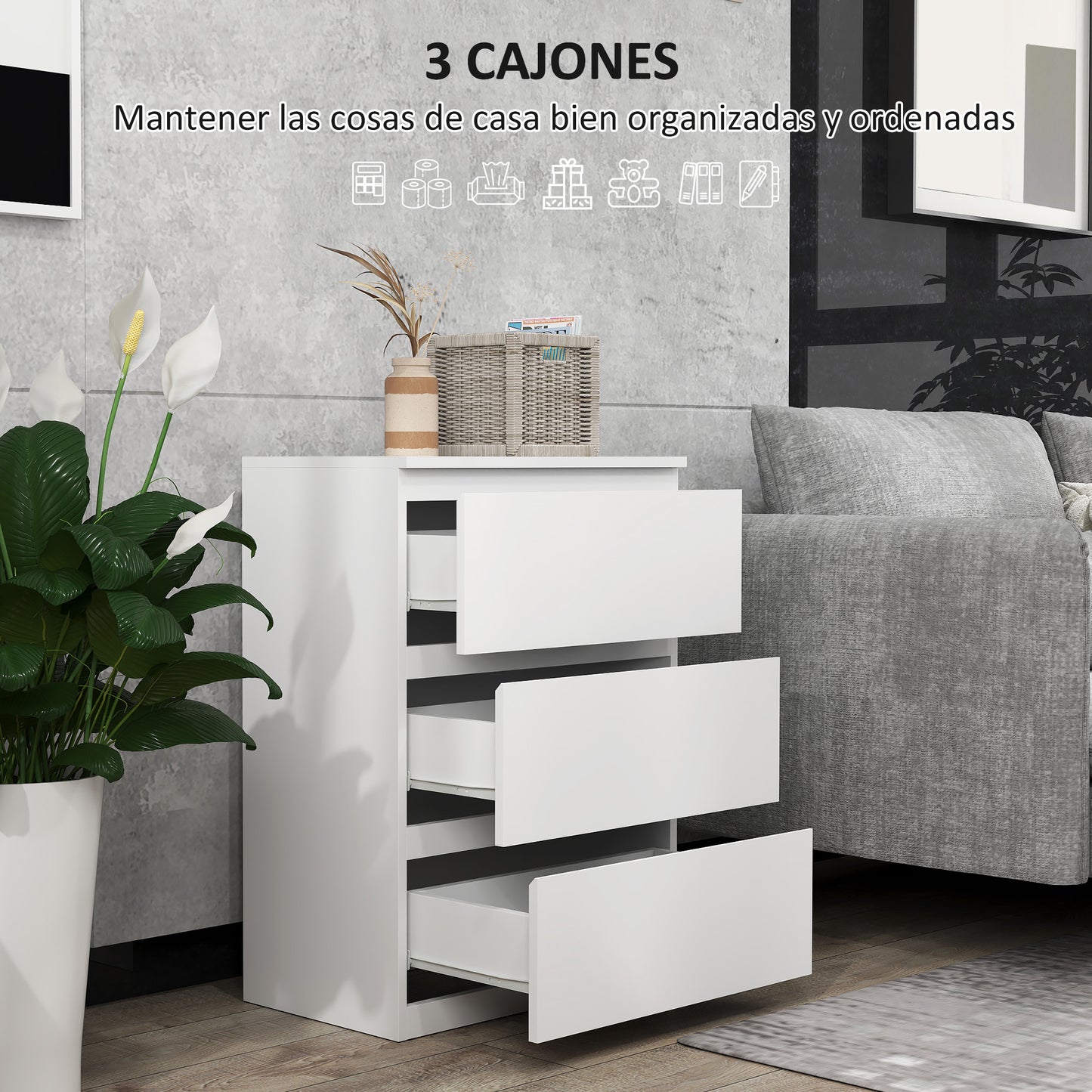 HOMCOM Cómoda con 3 Cajones Cómoda de Dormitorio Moderno con Diseño Anti-vuelco Cajonera para Salón Pasillo 55x34x75 cm Blanco Brillo