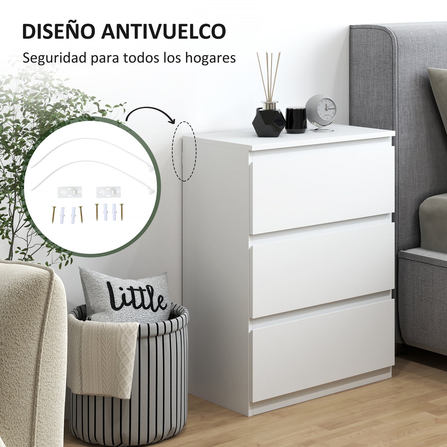 HOMCOM Cómoda con 3 Cajones Cómoda de Dormitorio Moderno con Diseño Anti-vuelco Cajonera para Salón Pasillo 55x34x75 cm Blanco Brillo