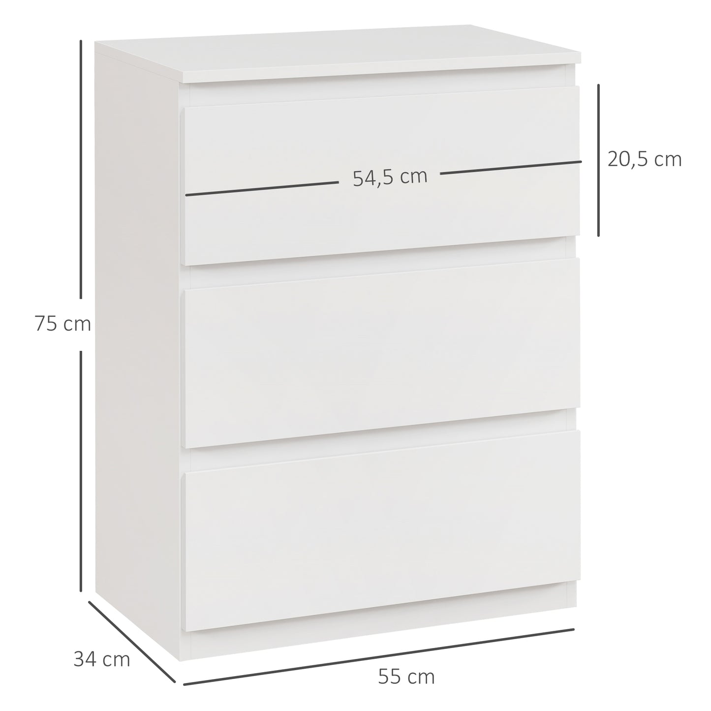 HOMCOM Cómoda con 3 Cajones Cómoda de Dormitorio Moderno con Diseño Anti-vuelco Cajonera para Salón Pasillo 55x34x75 cm Blanco Brillo