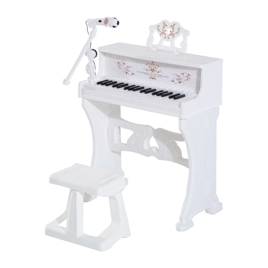 HOMCOM Piano Electrónico Infantil de 37 Teclas Juego de Piano con Modelo Pedagógico Micrófono Taburete Luces y 22 Canciones USB/MP3/Bluetooth Karaoke 53,5x27x63 cm Blanco