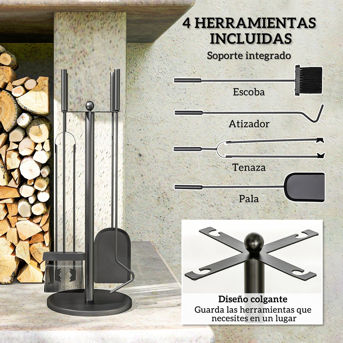 Outsunny Juego de Herramientas para Chimenea de 5 Piezas Juego de Accesorios para Chimenea de Metal con Escoba Pala Tenazas Atizador y Soporte Ø25x54 cm Negro