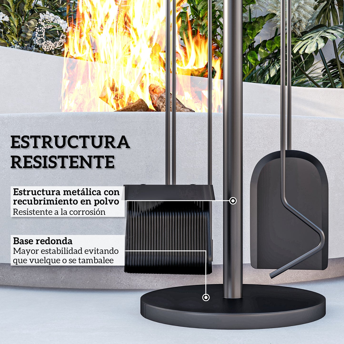 Outsunny Juego de Herramientas para Chimenea de 5 Piezas Juego de Accesorios para Chimenea de Metal con Escoba Pala Tenazas Atizador y Soporte Ø25x54 cm Negro