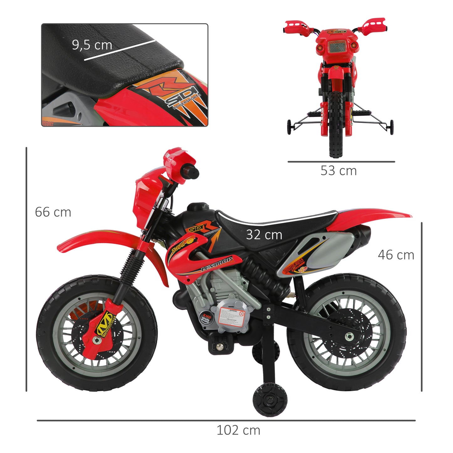 HOMCOM Moto Electrica Infantil Bateria 6V Recargable Niños 3+ Años Cargador y Ruedas Apoyo Color Rojo