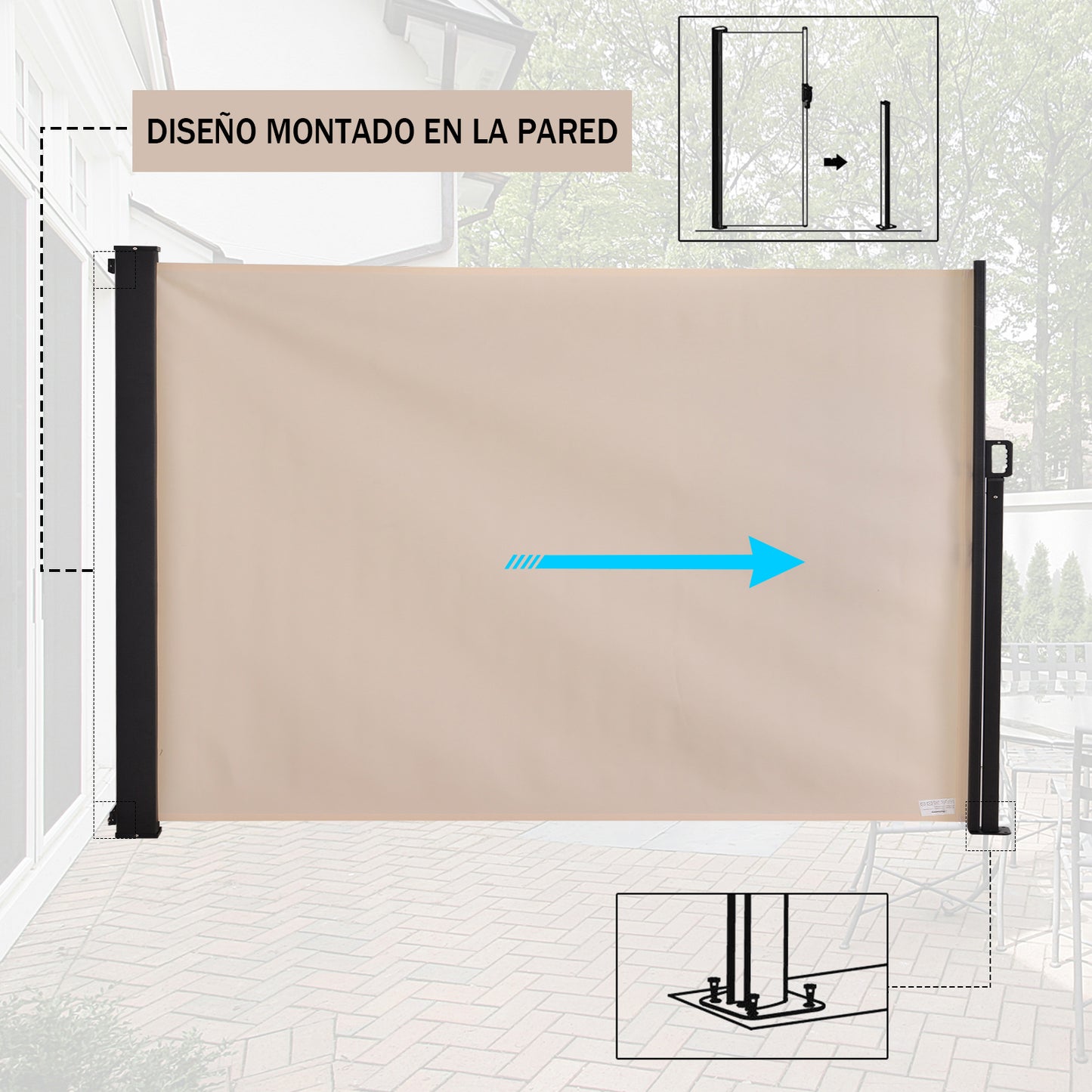 Outsunny Toldo Lateral Retráctil Exterior 350x180cm Pantalla de Privacidad contra Sol Viento Visión para Jardín Patio Balcón Tejado Hecho de Aluminio Poliéster Montar Utilizar Fácil Beige