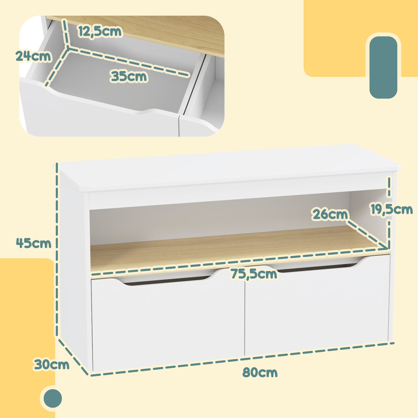 AIYAPLAY Estantería para Juguetes Infantil Librería Infantil con 2 Cajones y Compartimento para Salón Dormitorio Sala de Juegos 80x30x45 cm Blanco