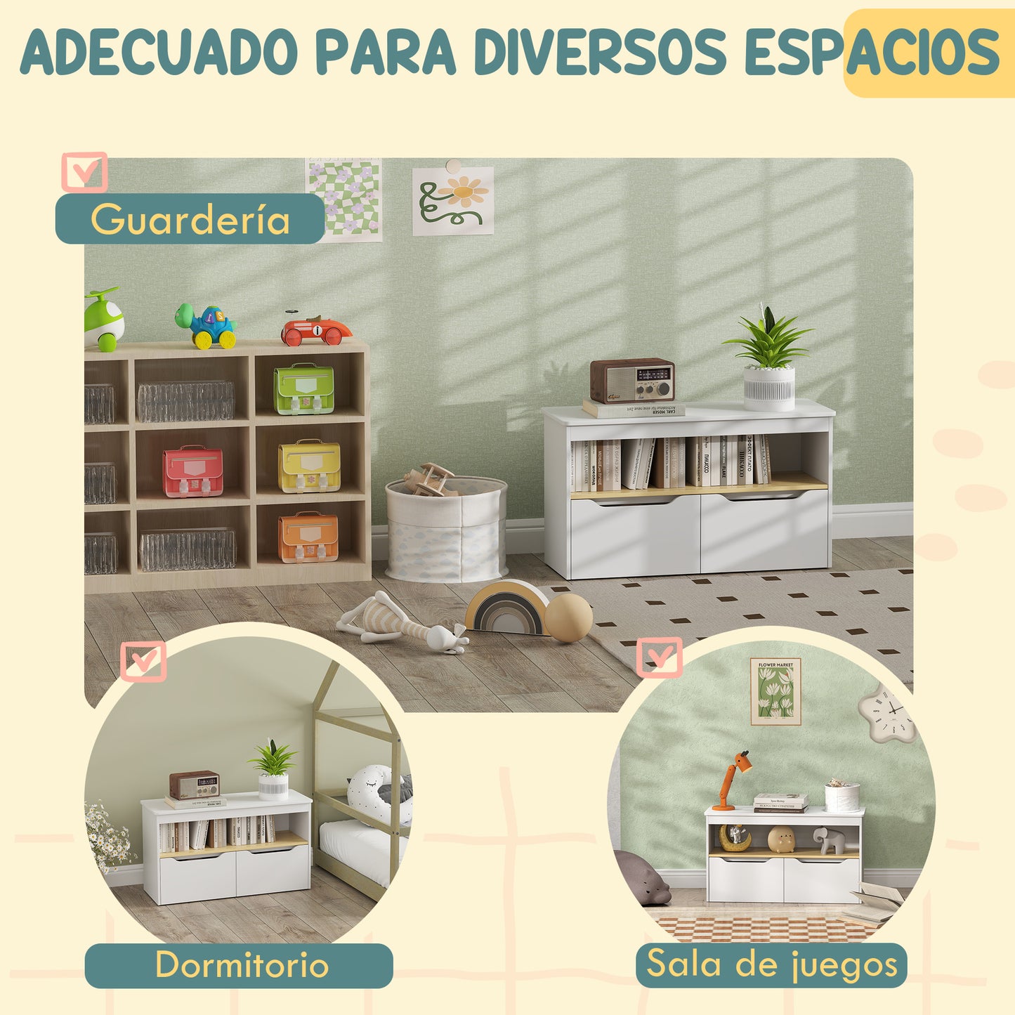 AIYAPLAY Estantería para Juguetes Infantil Librería Infantil con 2 Cajones y Compartimento para Salón Dormitorio Sala de Juegos 80x30x45 cm Blanco