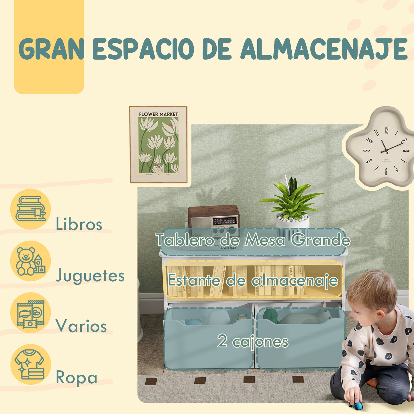 AIYAPLAY Estantería para Juguetes Infantil Librería Infantil con 2 Cajones y Compartimento para Salón Dormitorio Sala de Juegos 80x30x45 cm Blanco