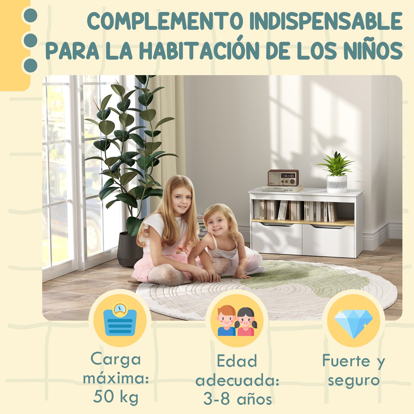 AIYAPLAY Estantería para Juguetes Infantil Librería Infantil con 2 Cajones y Compartimento para Salón Dormitorio Sala de Juegos 80x30x45 cm Blanco