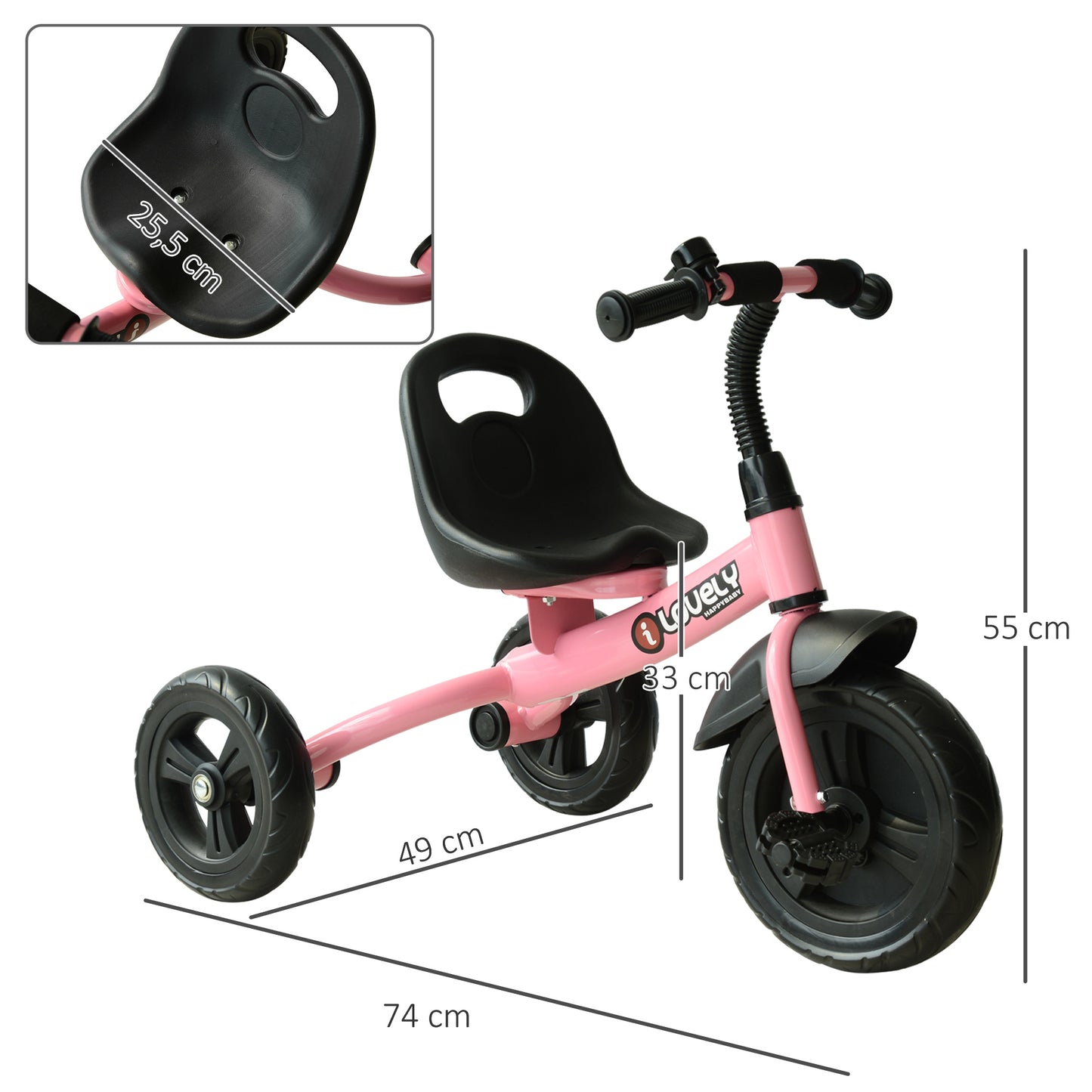 HOMCOM Triciclo para Niños más de 18 meses con Timbre Guardabarros Rueda de Seguridad 79x50,5x58 cm Rosa