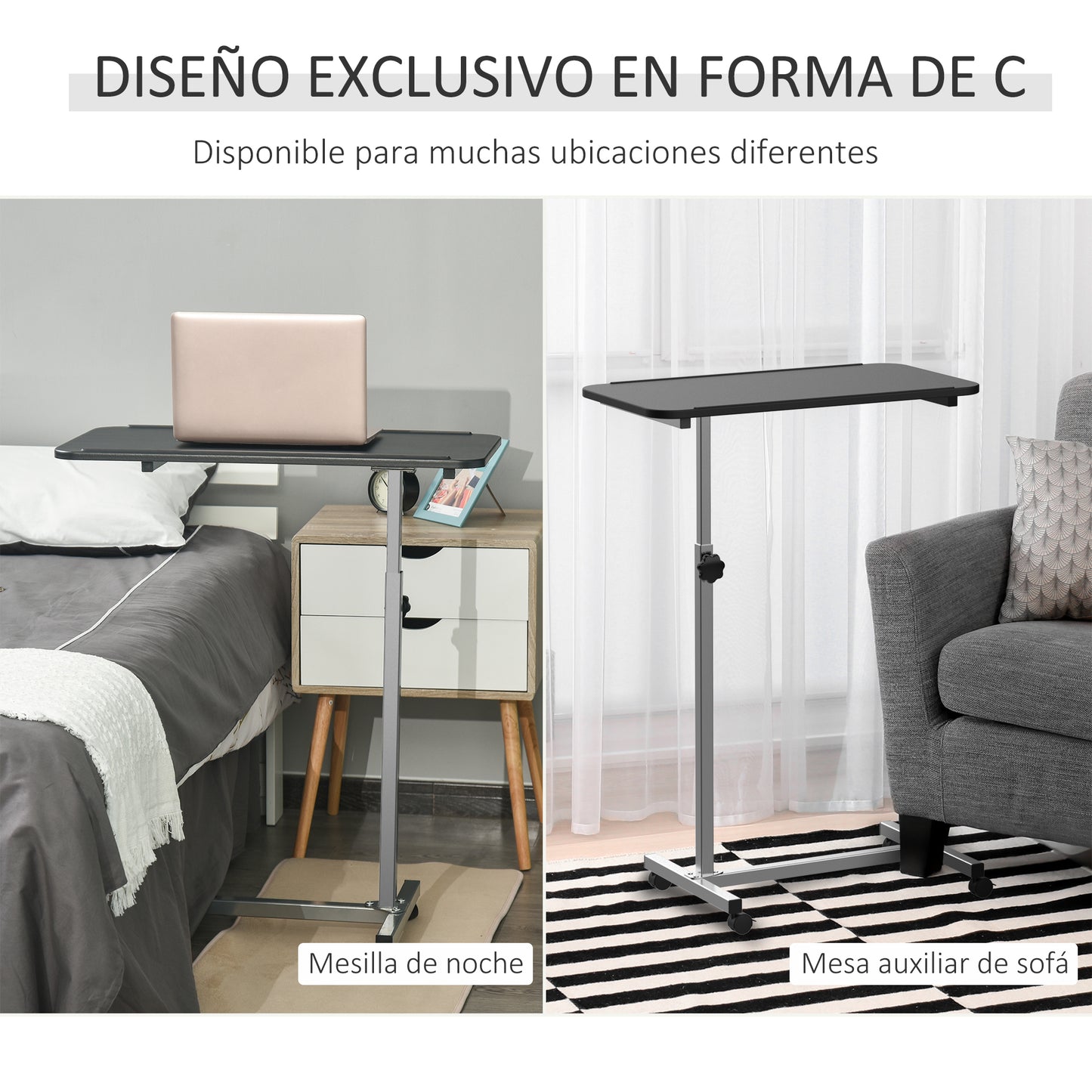 HOMCOM Mesa Auxiliar con Ruedas Mesa para Sofá con Altura Ajustable y Marco de Metal Carga 20 kg para Dormitorio Salón Oficina 77x40x76-100 cm Negro y Plata