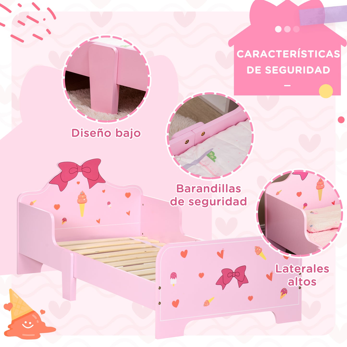 ZONEKIZ Conjunto para Niños Incluye 1 Cama Infantil de Madera con Barreras de Protección y 1 Baúl de Juguetes Infantil para Dormitorio Sala de Juego Rosa