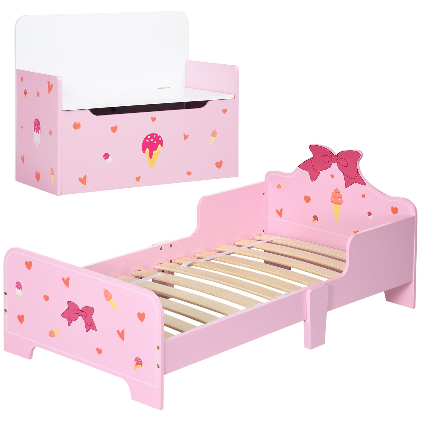 ZONEKIZ Conjunto para Niños Incluye 1 Cama Infantil de Madera con Barreras de Protección y 1 Baúl de Juguetes Infantil para Dormitorio Sala de Juego Rosa