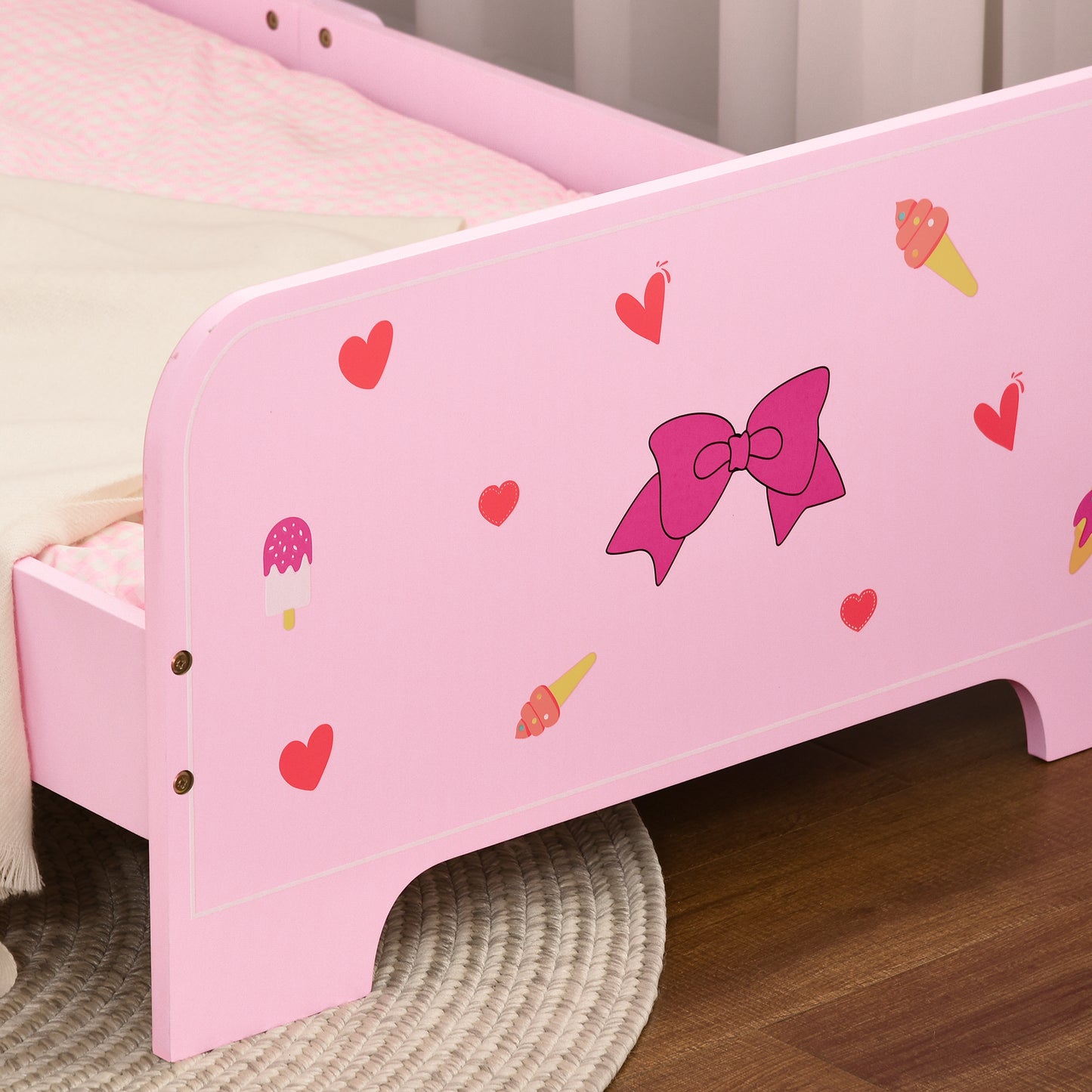 ZONEKIZ Conjunto para Niños Incluye 1 Cama Infantil de Madera con Barreras de Protección y 1 Baúl de Juguetes Infantil para Dormitorio Sala de Juego Rosa