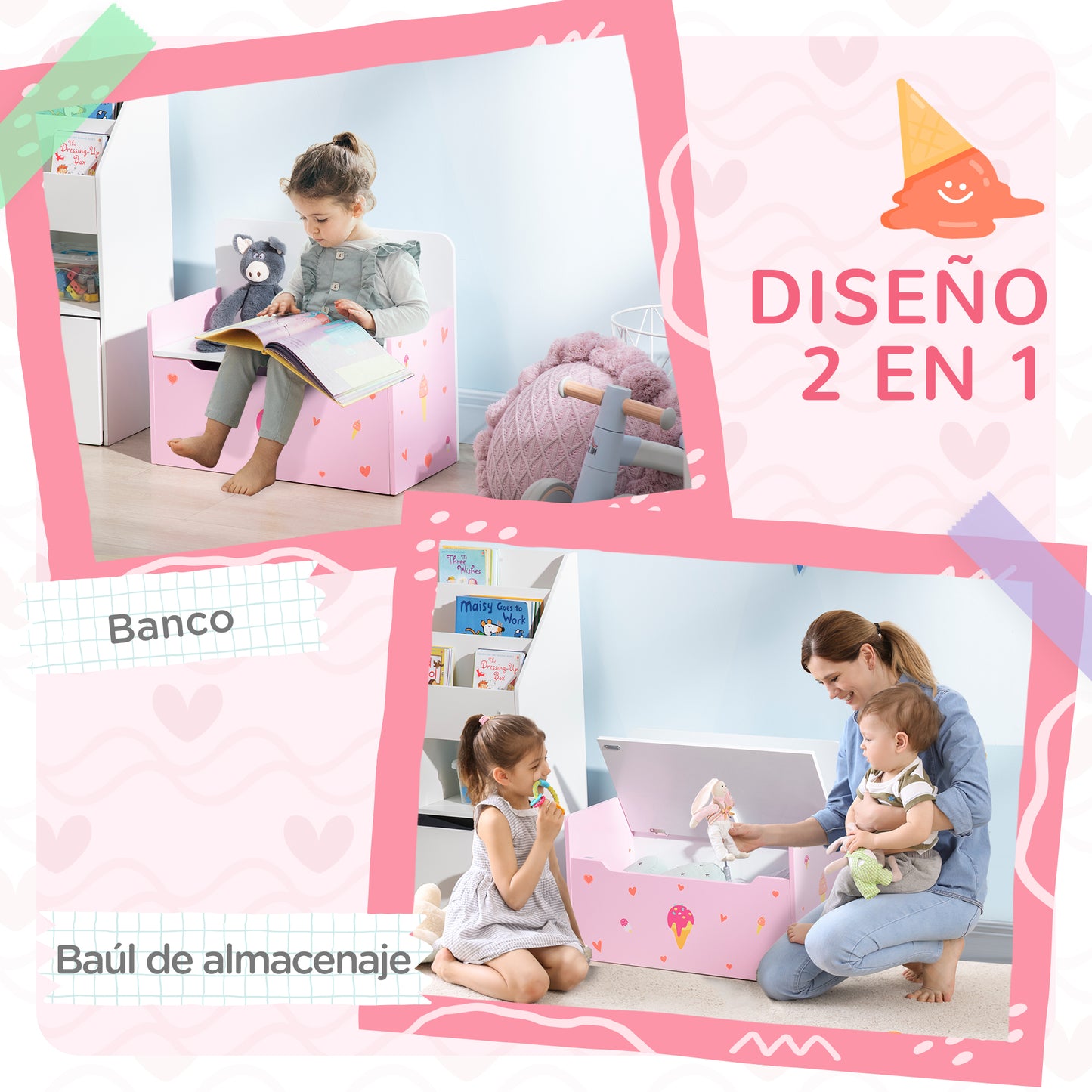 ZONEKIZ Conjunto para Niños Incluye 1 Cama Infantil de Madera con Barreras de Protección y 1 Baúl de Juguetes Infantil para Dormitorio Sala de Juego Rosa