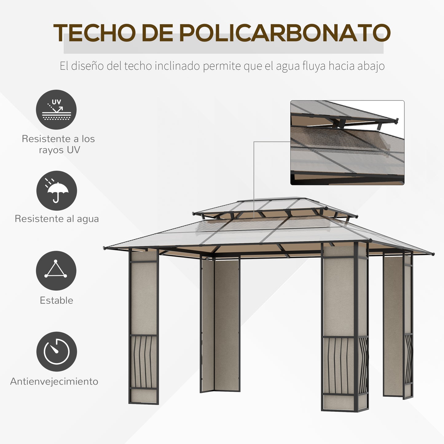 Outsunny Cenador para Jardín 3,6x3 m con Marco de Alumnio Pabellón para Exterior con Techo de Policarbonato Anti-UV Gazebo para Fiestas Eventosos Marrón