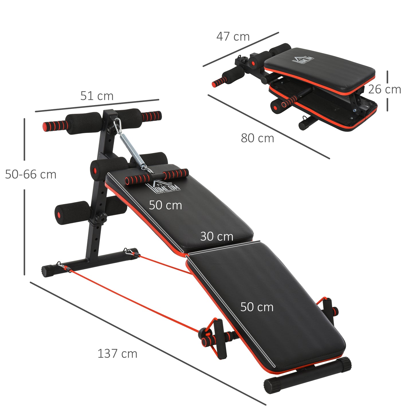 HOMCOM Banco Abdominales Plegable Ajustable en Altura con Soporte Poplíteo Regulable Ideal Hogar y Gimnasio 137x51x50-66 cm Negro