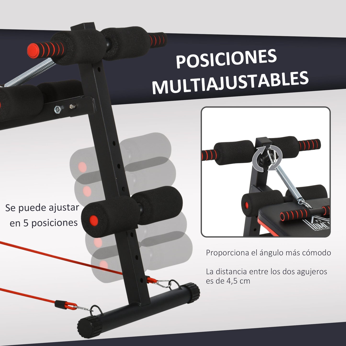 HOMCOM Banco Abdominales Plegable Ajustable en Altura con Soporte Poplíteo Regulable Ideal Hogar y Gimnasio 137x51x50-66 cm Negro