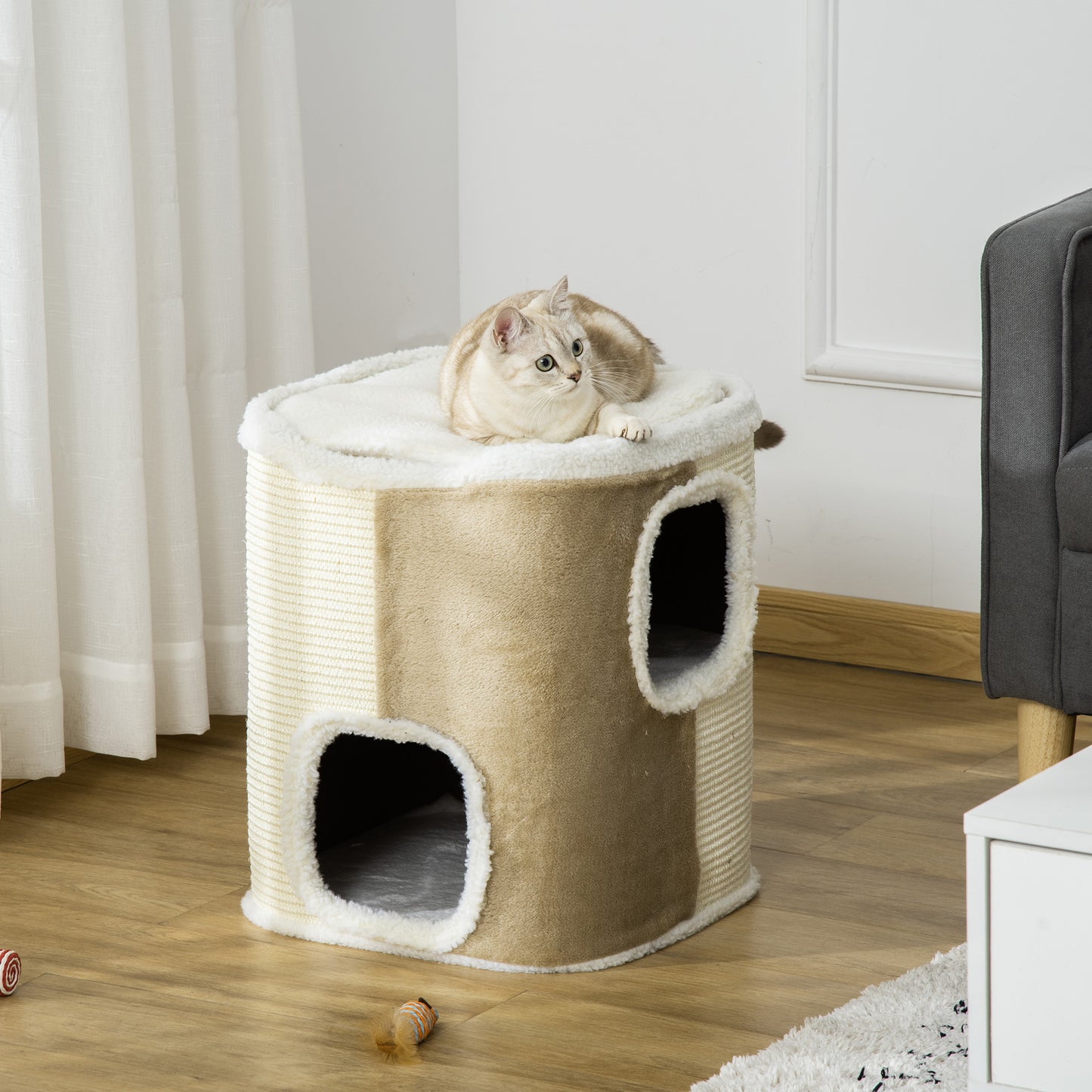 PawHut Barril Rascador para Gatos de 2 Niveles con Cuevas de Sisal Felpa Suave y Plataforma de Vellón 40x40x49 cm Beige