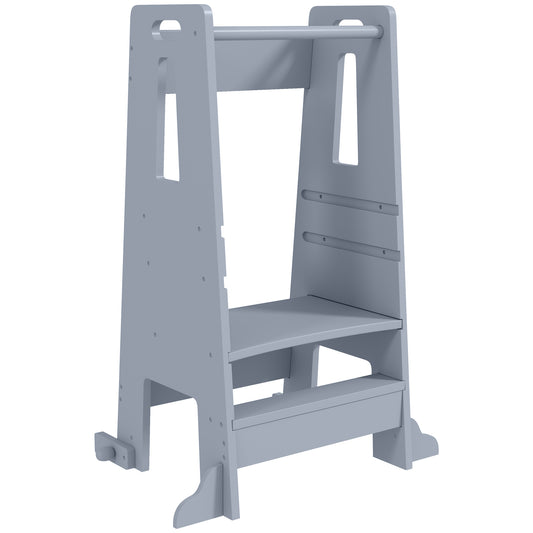 AIYAPLAY Torre de Aprendizaje Taburete de Aprendizaje para Niños de +3 Años con Pedal Altura Ajustable en 3 Niveles y Barrera de Seguridad para Baño Cocina 45x47,5x91 cm Gris