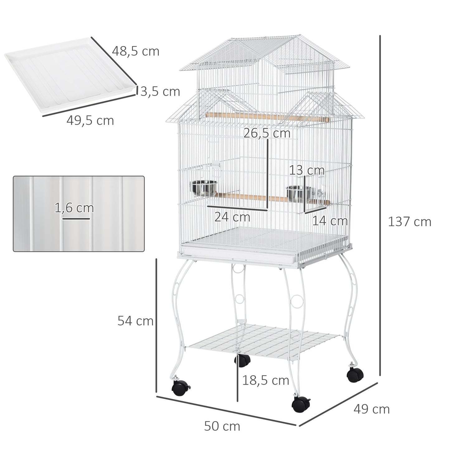 PawHut Jaula para Pájaros con Ruedas Jaula Grande con Soporte 50x49x137 cm con Bandeja Extraíble Puertas Comederos Perchas y Estante Inferior para Canarios Periquitos Blanco