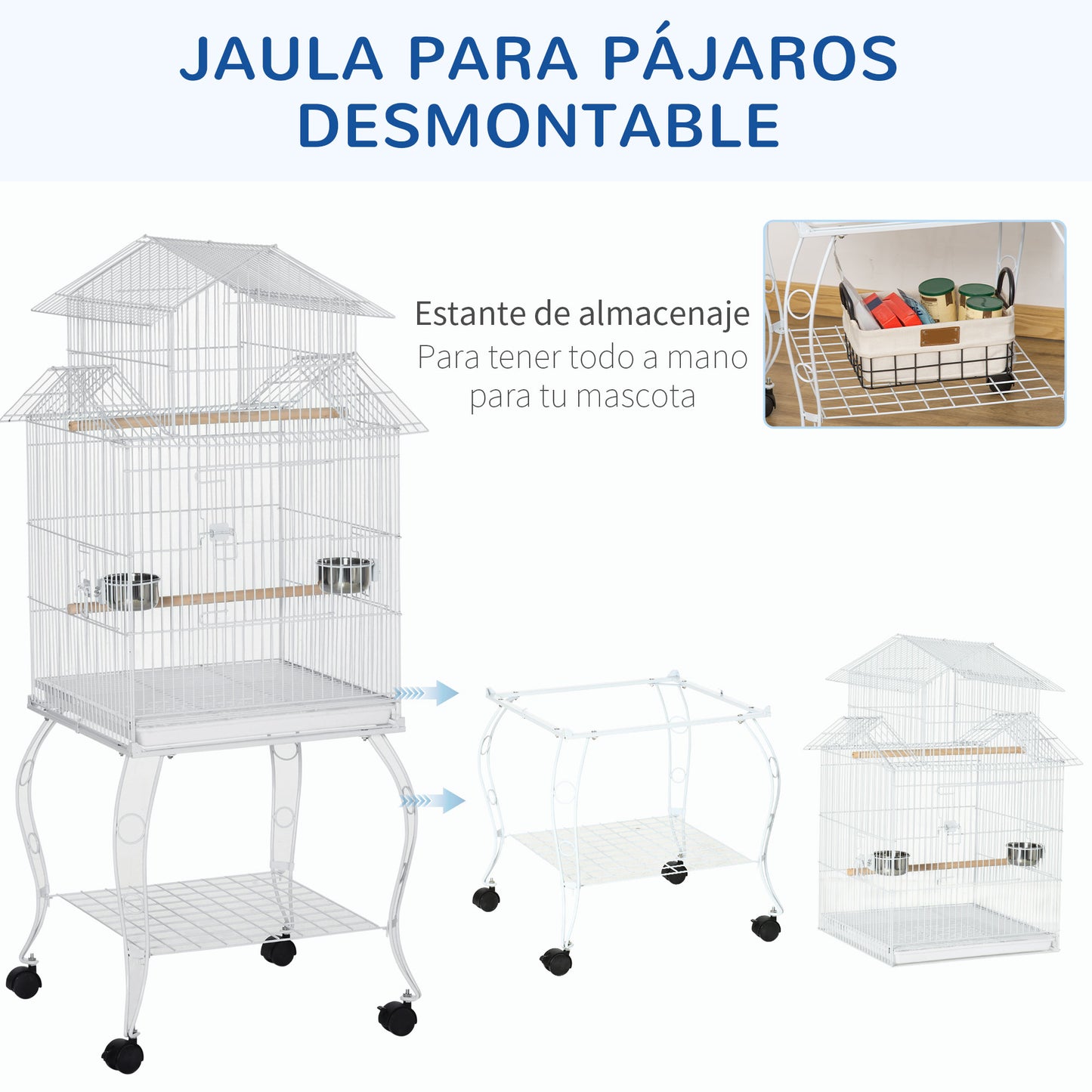 PawHut Jaula para Pájaros con Ruedas Jaula Grande con Soporte 50x49x137 cm con Bandeja Extraíble Puertas Comederos Perchas y Estante Inferior para Canarios Periquitos Blanco