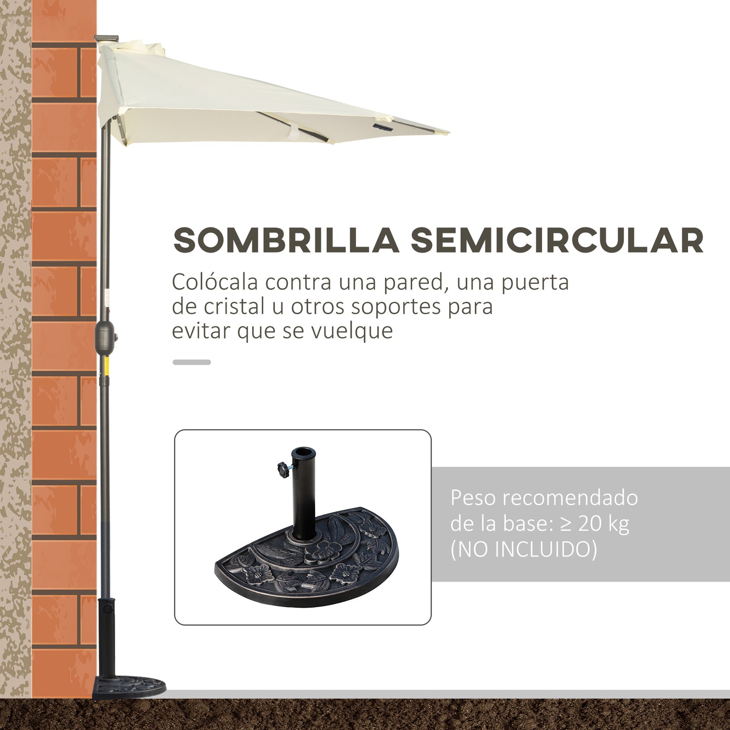 Outsunny Sombrilla Semicircular con 24 Luces LED Solar 270x135x240 cm Parasol de Jardín con Manivela Techo de Ventilación para Pared Balcón Beige