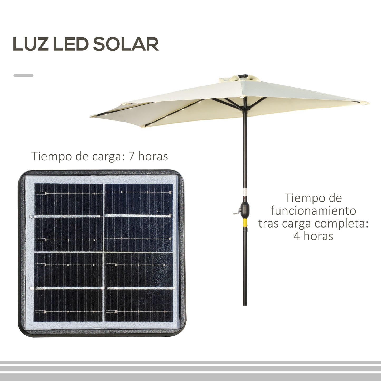 Outsunny Sombrilla Semicircular con 24 Luces LED Solar 270x135x240 cm Parasol de Jardín con Manivela Techo de Ventilación para Pared Balcón Beige
