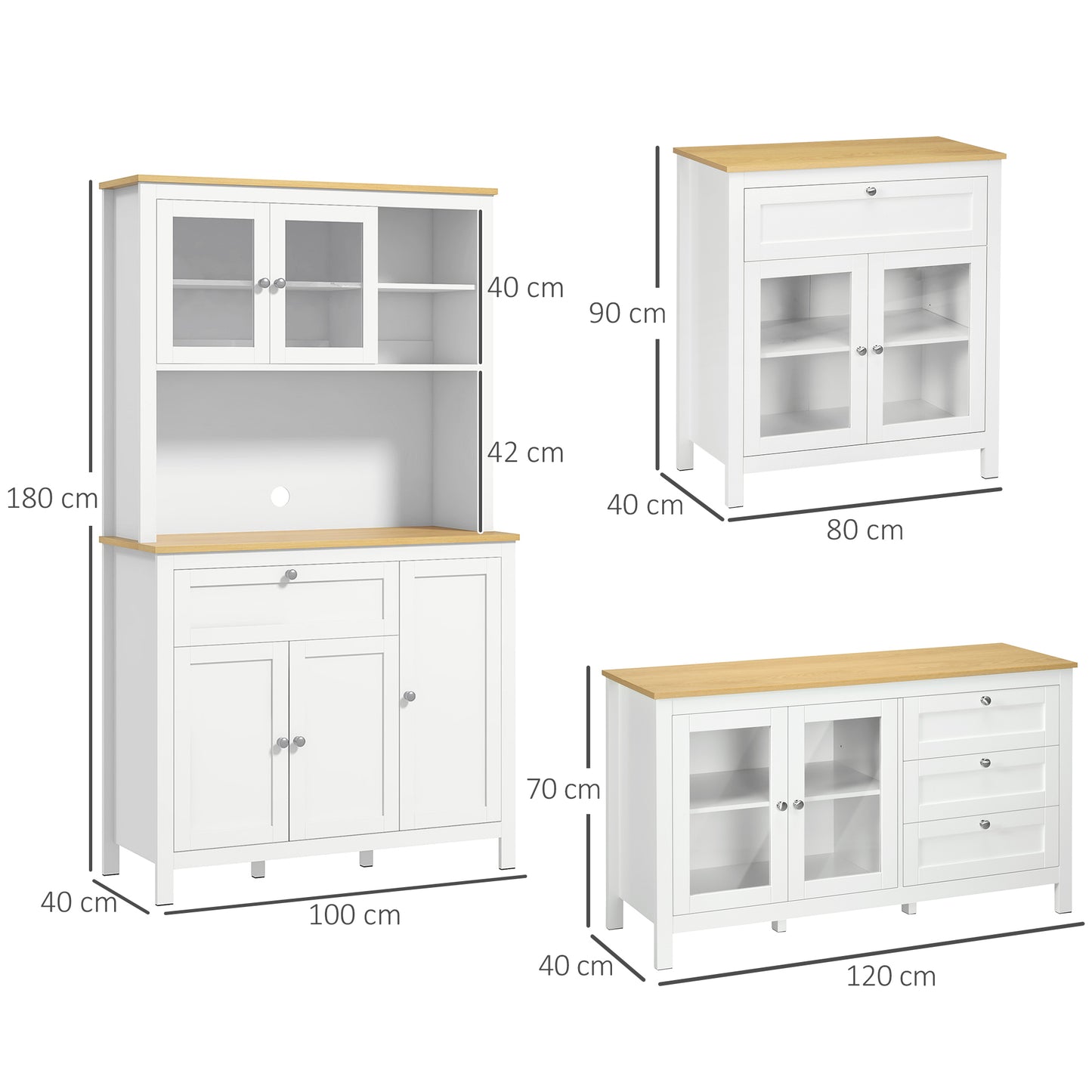 HOMCOM Conjunto de 3 Armarios Juego de 1 Alacena de Cocina 1 Aparador de Cocina 1 Armario Auxiliar Estilo Moderno 100x40x180 cm 80x40x90 cm 120x40x70 cm Blanco