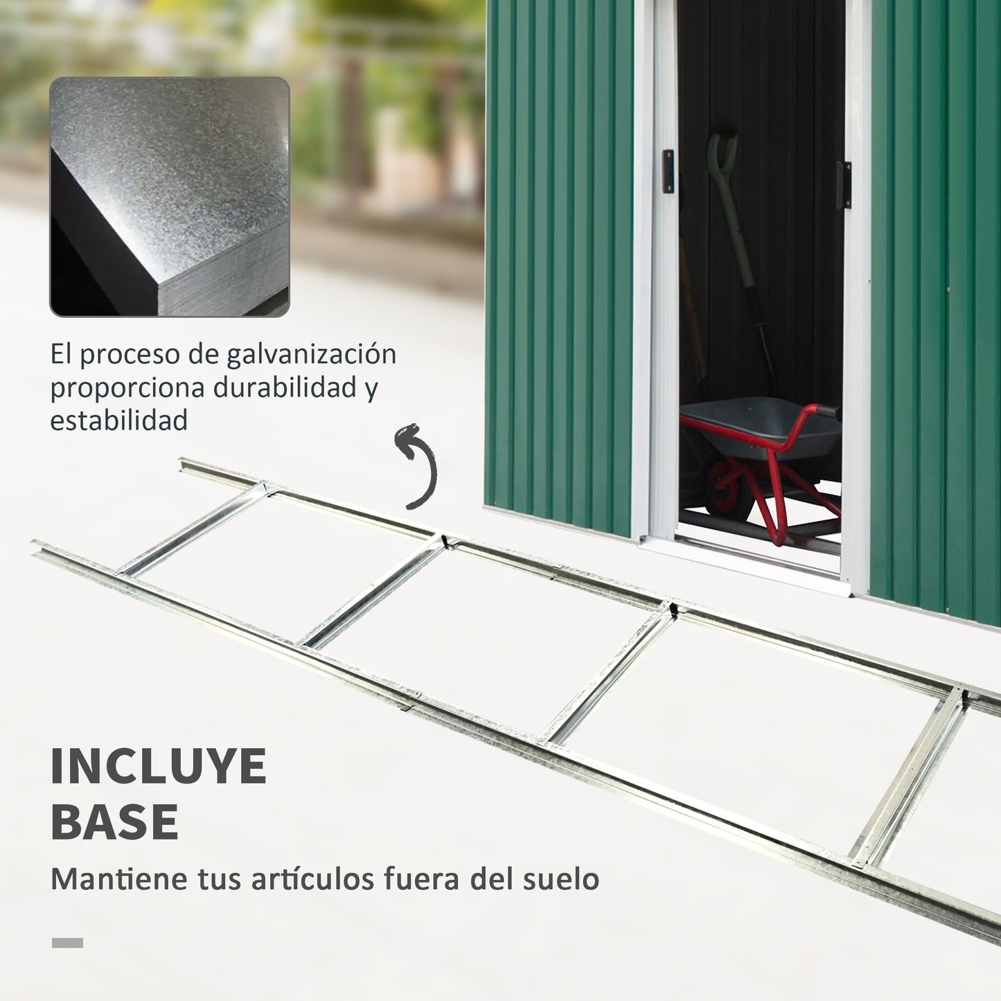 Outsunny Cobertizo de Jardín 280x130x172 cm Base de 3,2 m² Caseta de Exterior Metálica para Almacenamiento de Herramientas con 2 Puertas Correderas y 2 Orificios de Ventilación Verde Oscuro