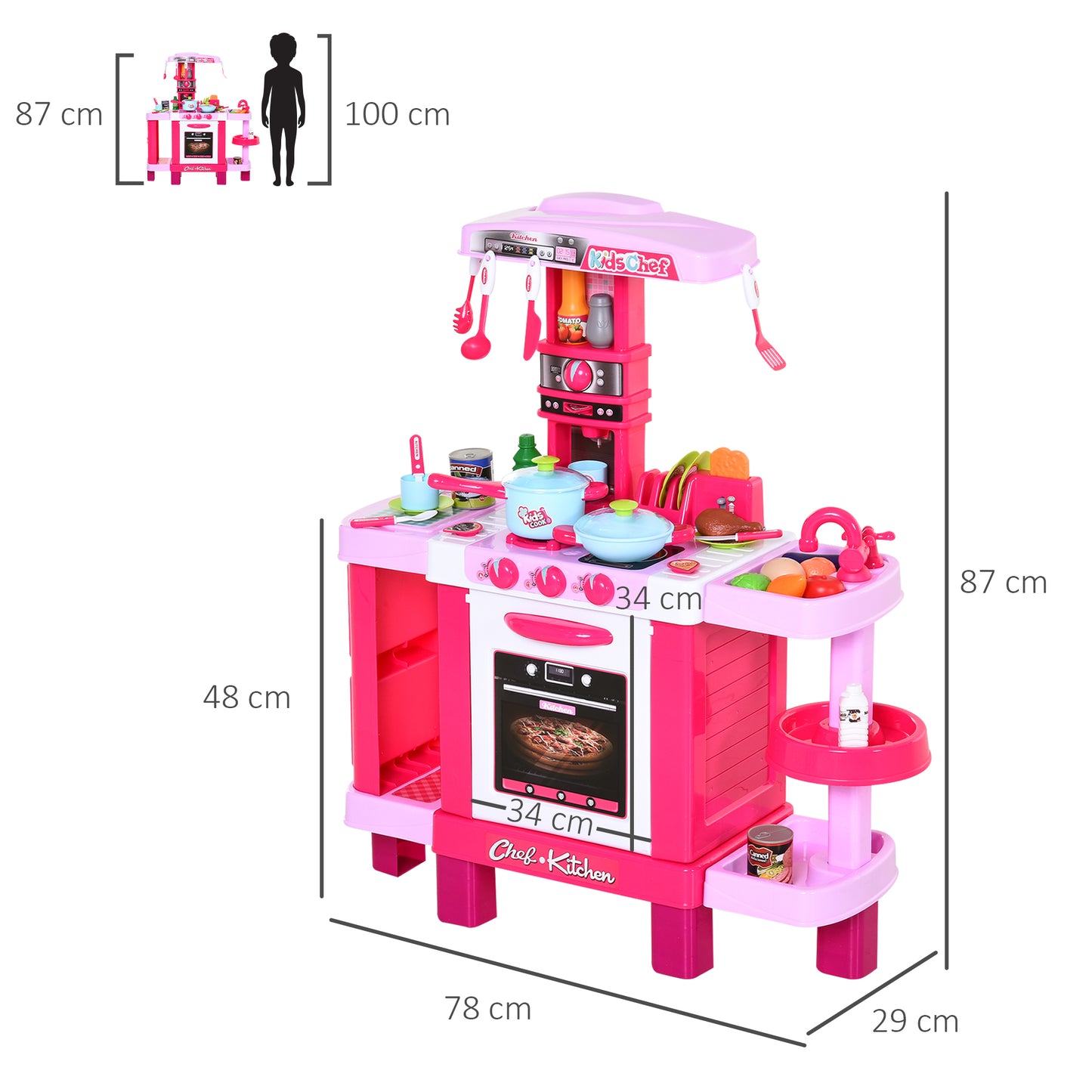 HOMCOM Cocina de Juguete para Niños Mayores de 3 Años con 38 Accesorios Luz Sonido Juegos de Rol Temprano Educativo 78x29x87 cm Rosa