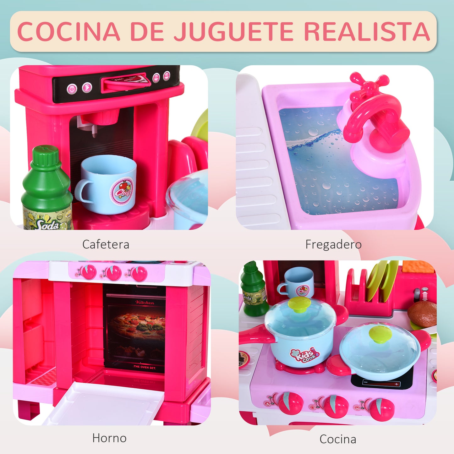 HOMCOM Cocina de Juguete para Niños Mayores de 3 Años con 38 Accesorios Luz Sonido Juegos de Rol Temprano Educativo 78x29x87 cm Rosa