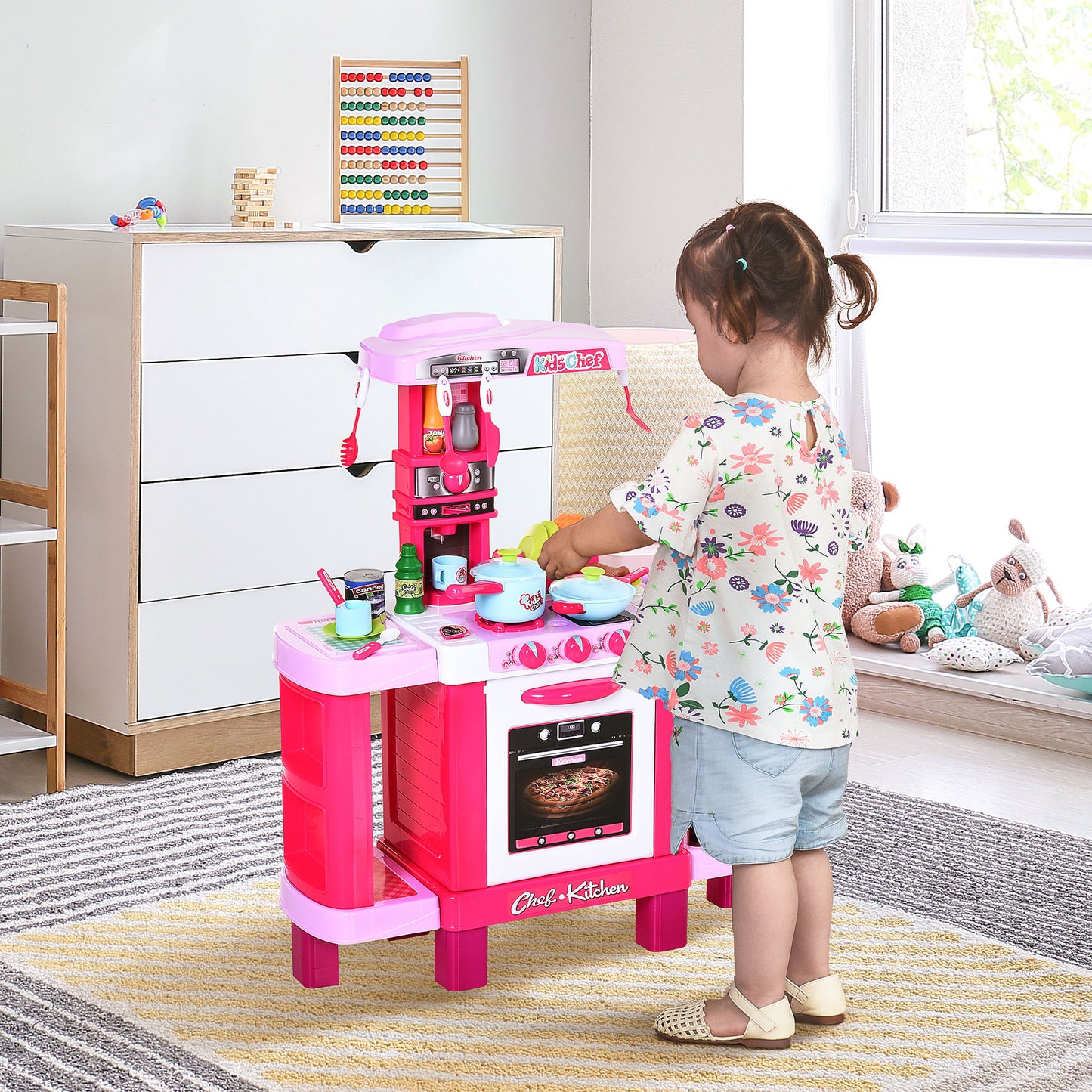 HOMCOM Cocina de Juguete para Niños Mayores de 3 Años con 38 Accesorios Luz Sonido Juegos de Rol Temprano Educativo 78x29x87 cm Rosa