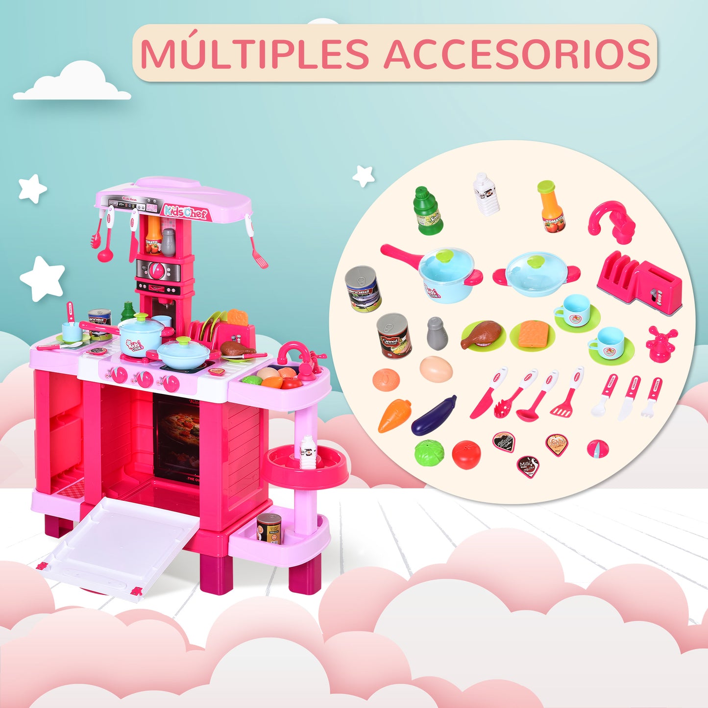 HOMCOM Cocina de Juguete para Niños Mayores de 3 Años con 38 Accesorios Luz Sonido Juegos de Rol Temprano Educativo 78x29x87 cm Rosa