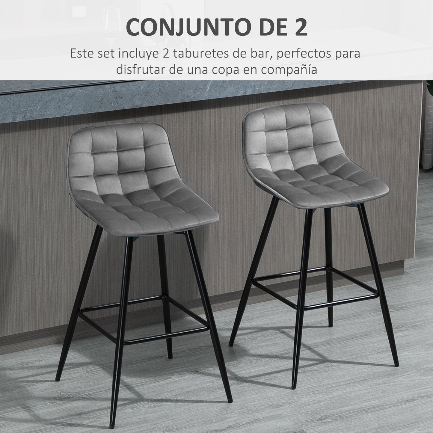 HOMCOM Conjunto de 2 Taburetes Altos de Cocina Sillas Altas de Cocina con Respaldo y Reposapiés Carga 120 kg para Bar Salón Comedor Gris