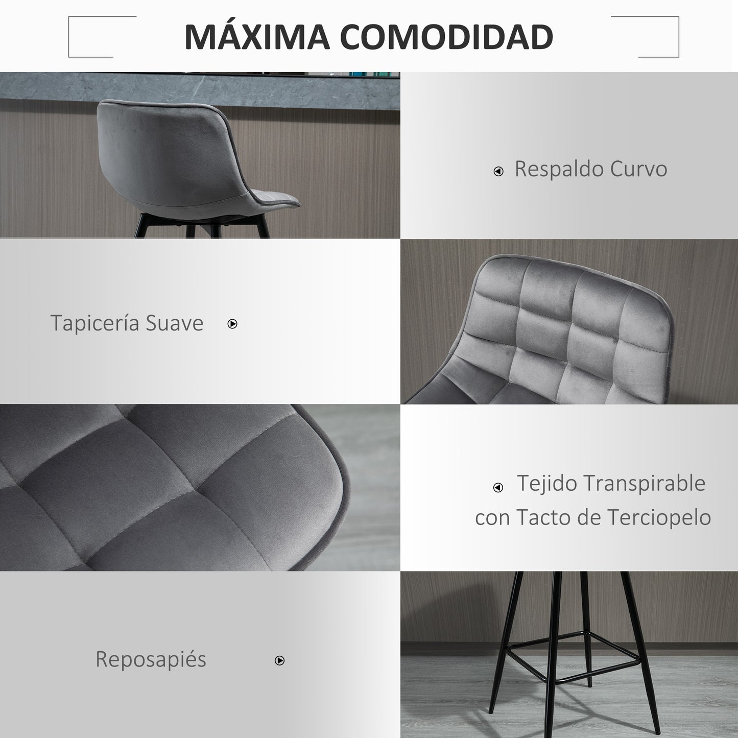 HOMCOM Conjunto de 2 Taburetes Altos de Cocina Sillas Altas de Cocina con Respaldo y Reposapiés Carga 120 kg para Bar Salón Comedor Gris