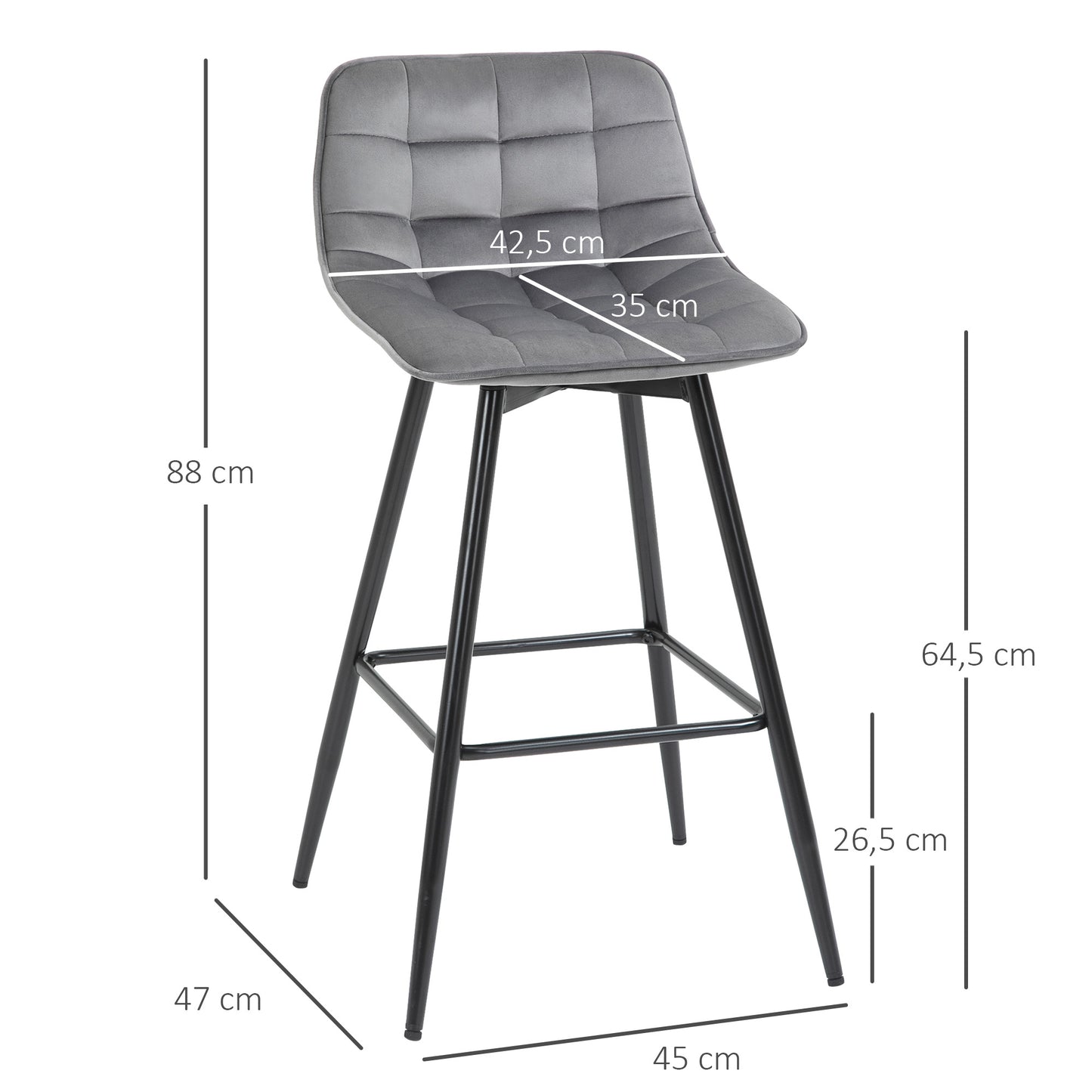 HOMCOM Conjunto de 2 Taburetes Altos de Cocina Sillas Altas de Cocina con Respaldo y Reposapiés Carga 120 kg para Bar Salón Comedor Gris