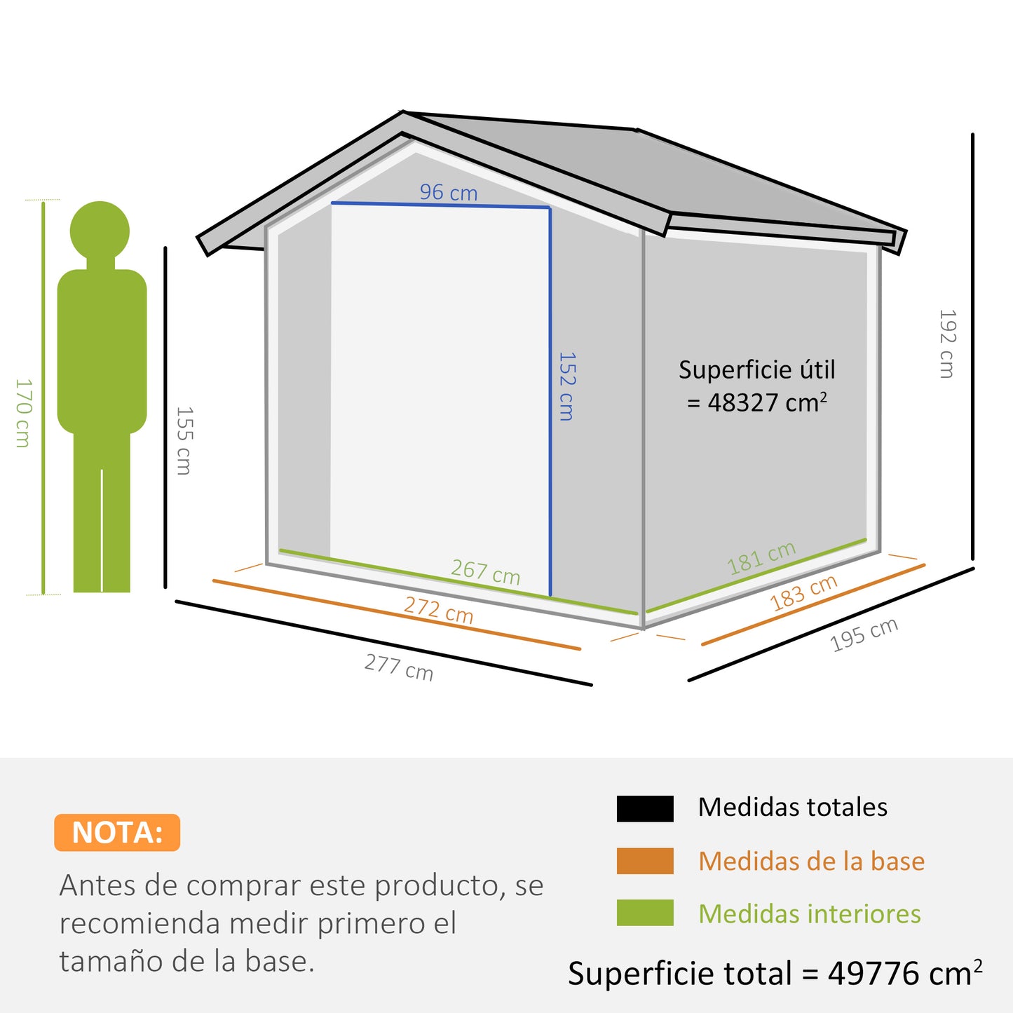 Outsunny Caseta de Jardín de Exterior Cobertizo de Jardín 4,9 m² 277x195x192 cm con 2 Puertas Corredizas Base Refuerzo (Suelo NO Incluido) para Patio Terraza Gris