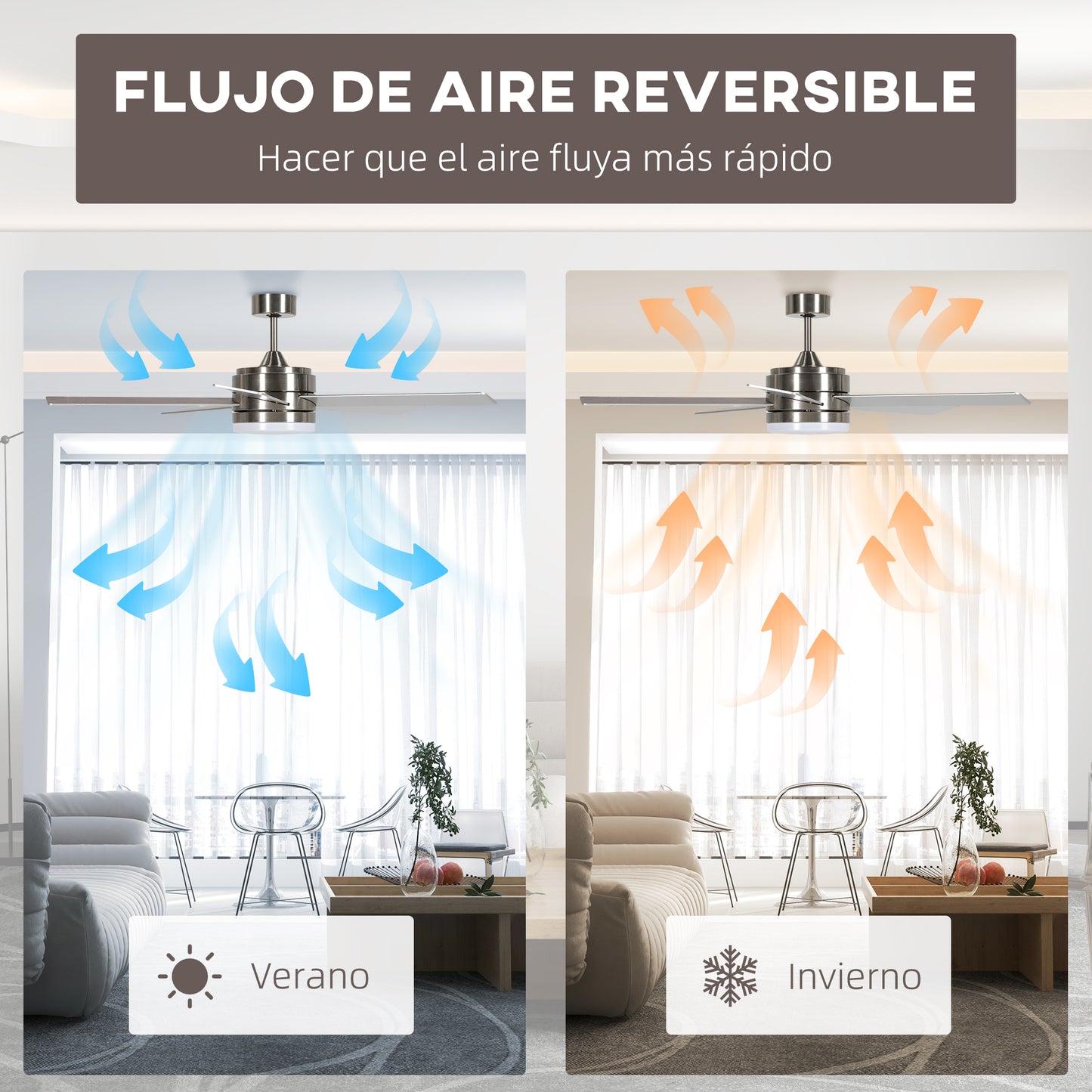 HOMCOM Ventilador de Techo con Luz LED 46W Ventilador de Techo Silencioso Ø132 cm con Motor Reversible 5 Aspas Reversibles Control Remoto 6 Velocidades para Dormitorio Efecto 15~20 m² Haya