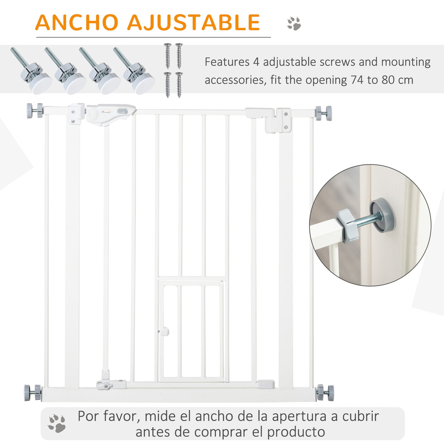 PawHut Barrera de Seguridad para Perros Barrera para Mascotas Extensible con Puerta Pequeño Cierre Automático y Sistema de Doble Bloqueo para Puerta Pasillo Escalera 74-80x76,2 cm Blanco