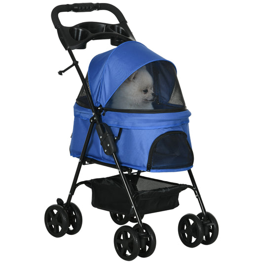 PawHut Cochecito para Perros Plegable Carrito para Perros Pequeños con Ruedas Universales Cesta de Almacenaje Correas de Seguridad y Ventanas 67x45x96 cm Azul