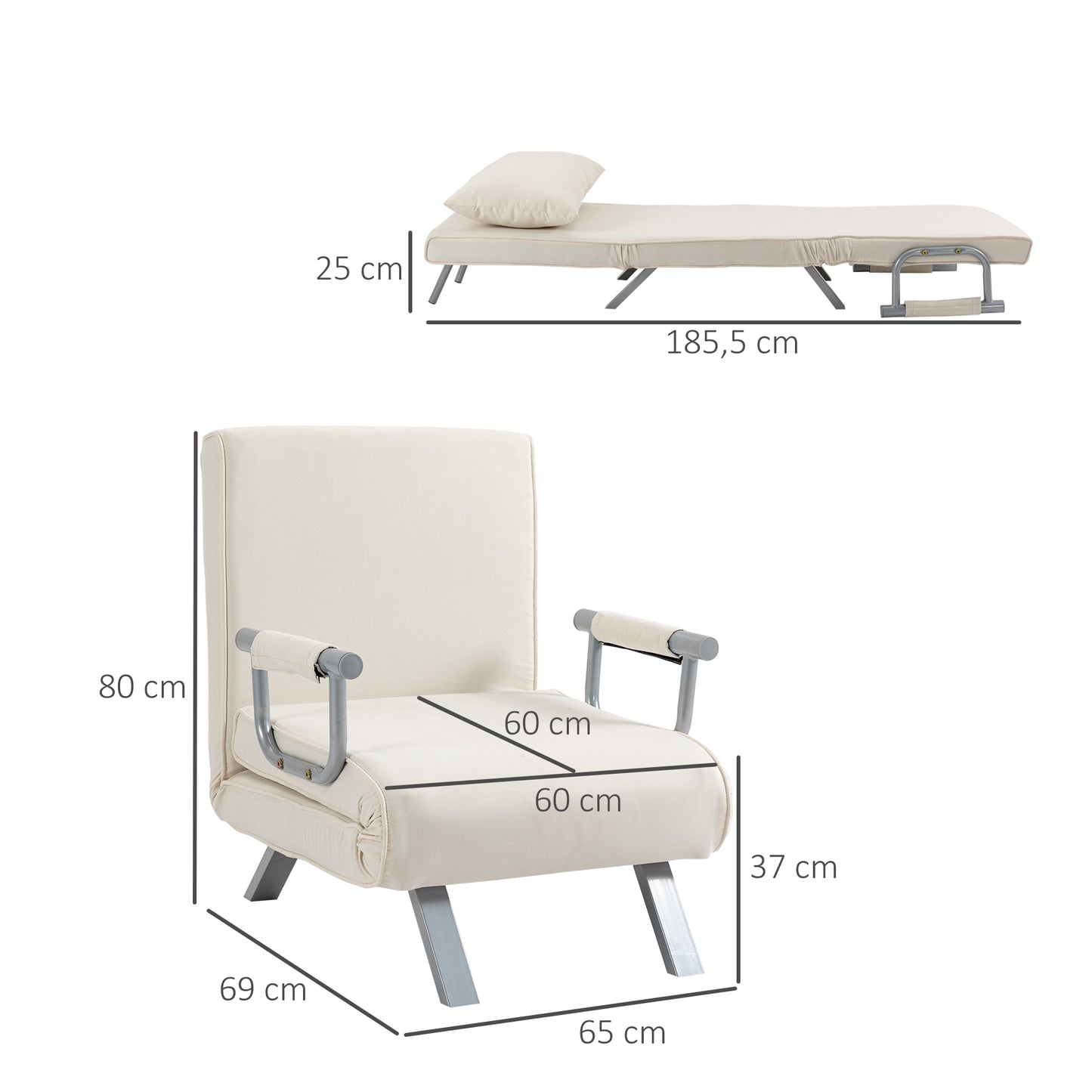 HOMCOM Sofá Cama Individual Sillón Cama Individual Sillón Reclinable con Almohada para Salón Dormitorio Oficina Carga 100 kg 65x69x80 cm Crema