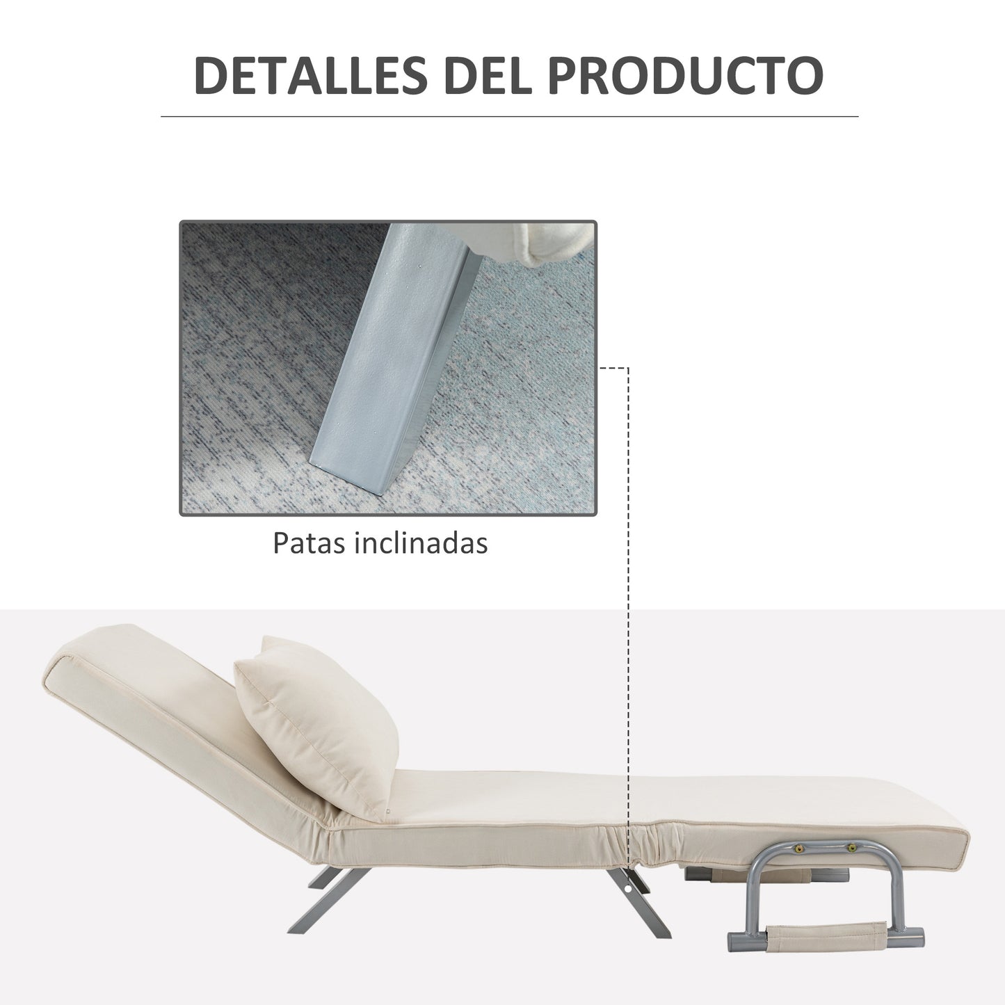 HOMCOM Sofá Cama Individual Sillón Cama Individual Sillón Reclinable con Almohada para Salón Dormitorio Oficina Carga 100 kg 65x69x80 cm Crema