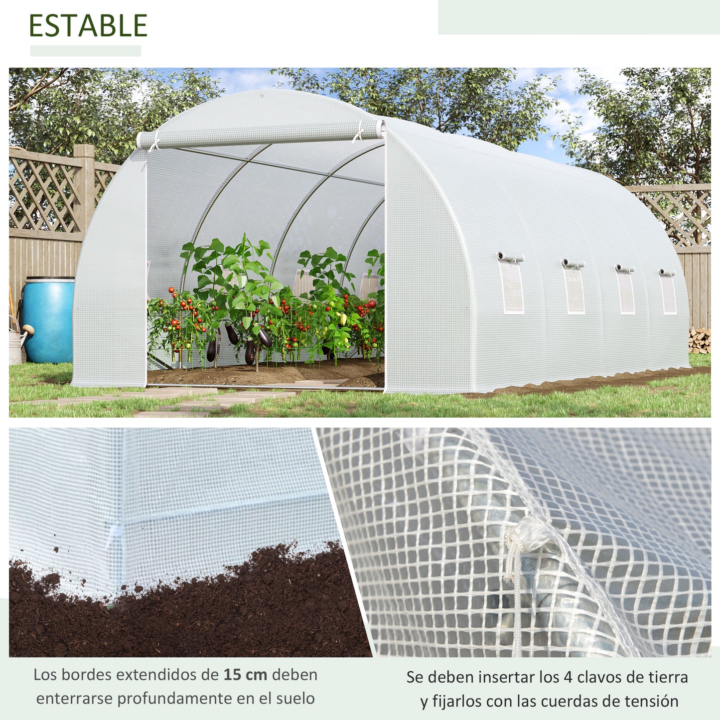 Outsunny Invernadero de Túnel 6x3x2 m Invernadero de Terraza con 8 Ventanas Cubierta de Polietileno 140 g/m² y Estructura de Acero para Cultivo Plantas Verduras en Jardín Blanco