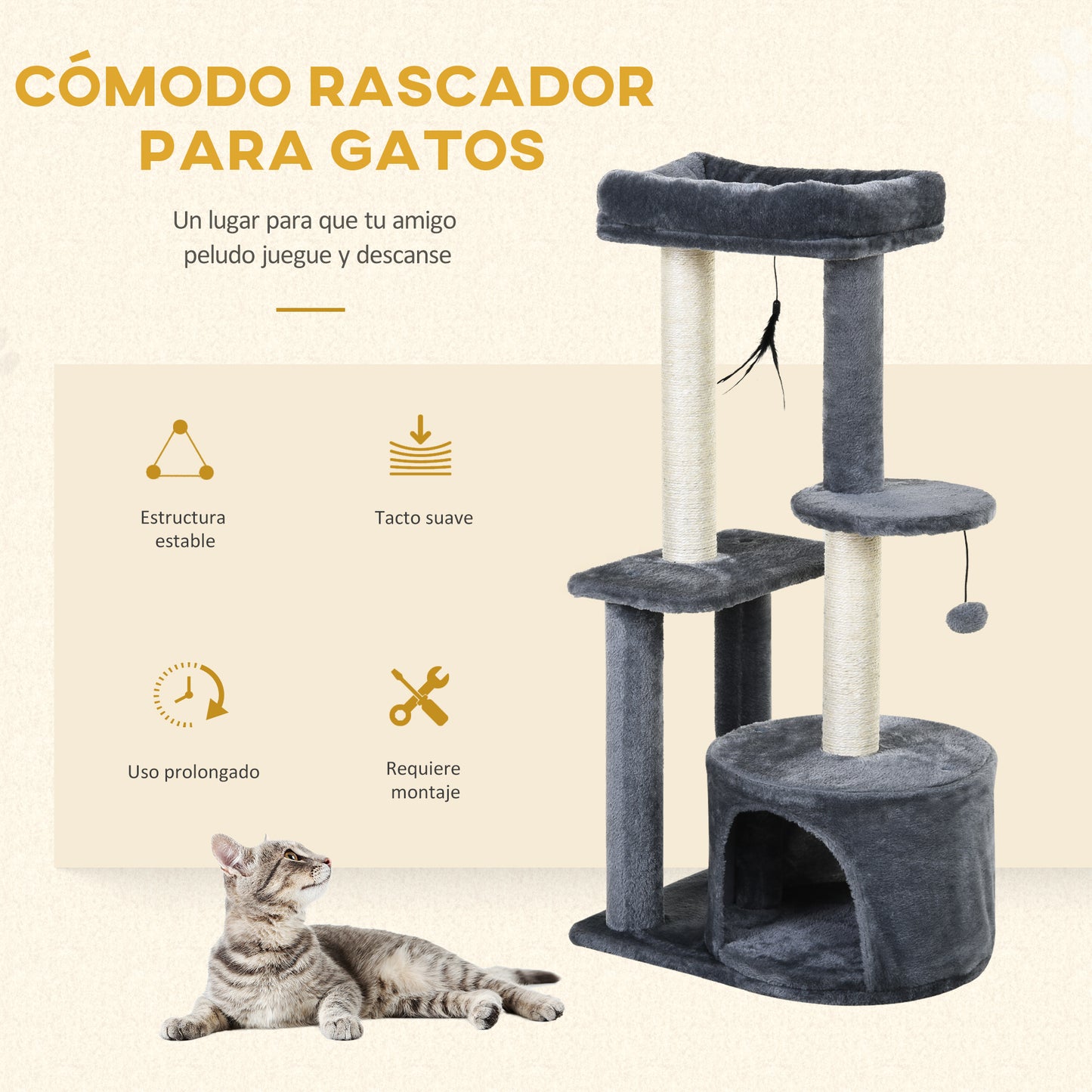 PawHut Árbol para Gatos 100 cm Torre de Gato con Postes para Rascar Cama Cueva Plataformas Bola y Pluma 48x35x100 cm Gris y Beige