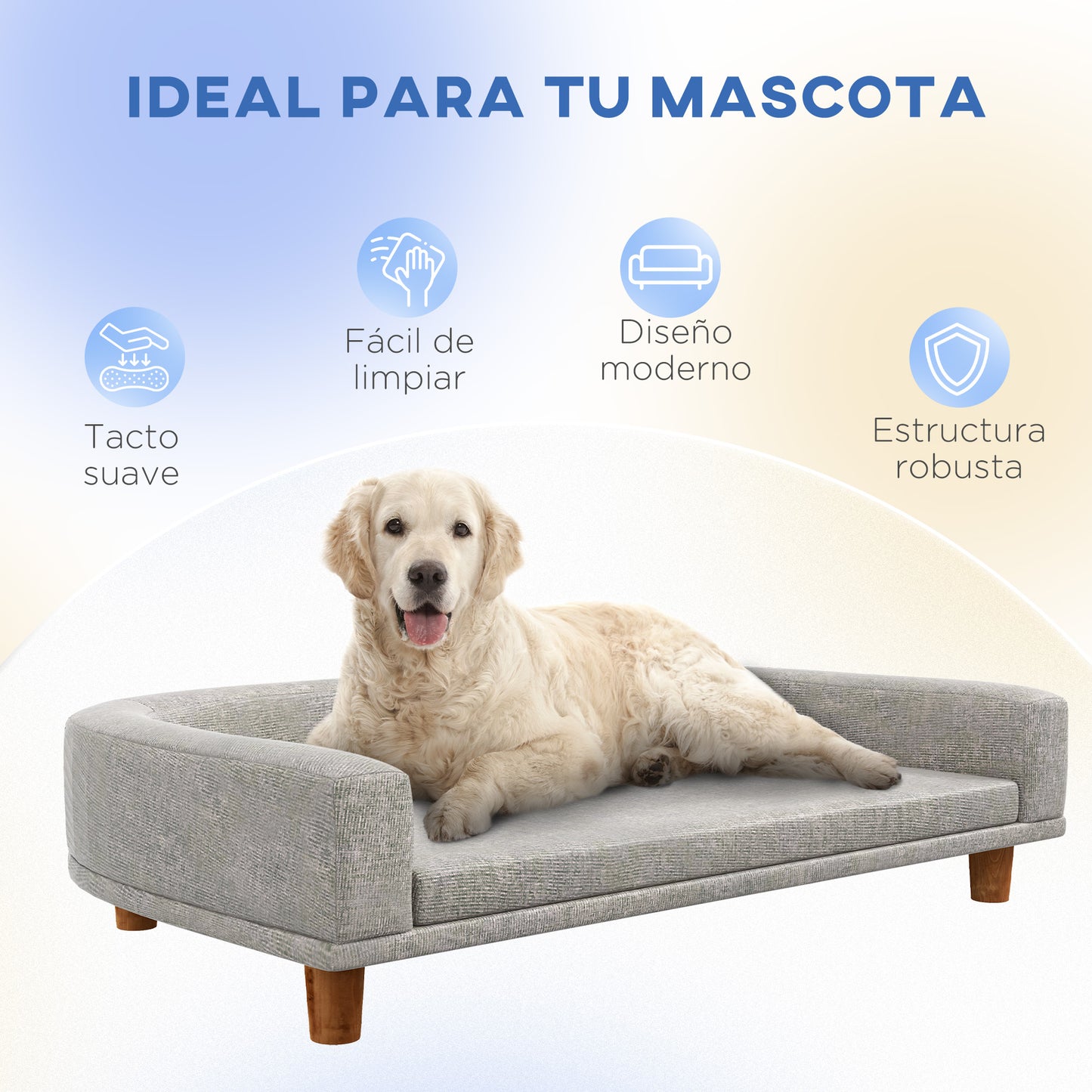 PawHut Sofá para Perros Grandes Cama Elevada para Perros Tapizada con Cojín Lavable y Patas de Madera de Pino Carga 40 kg 98x67x25 cm Gris