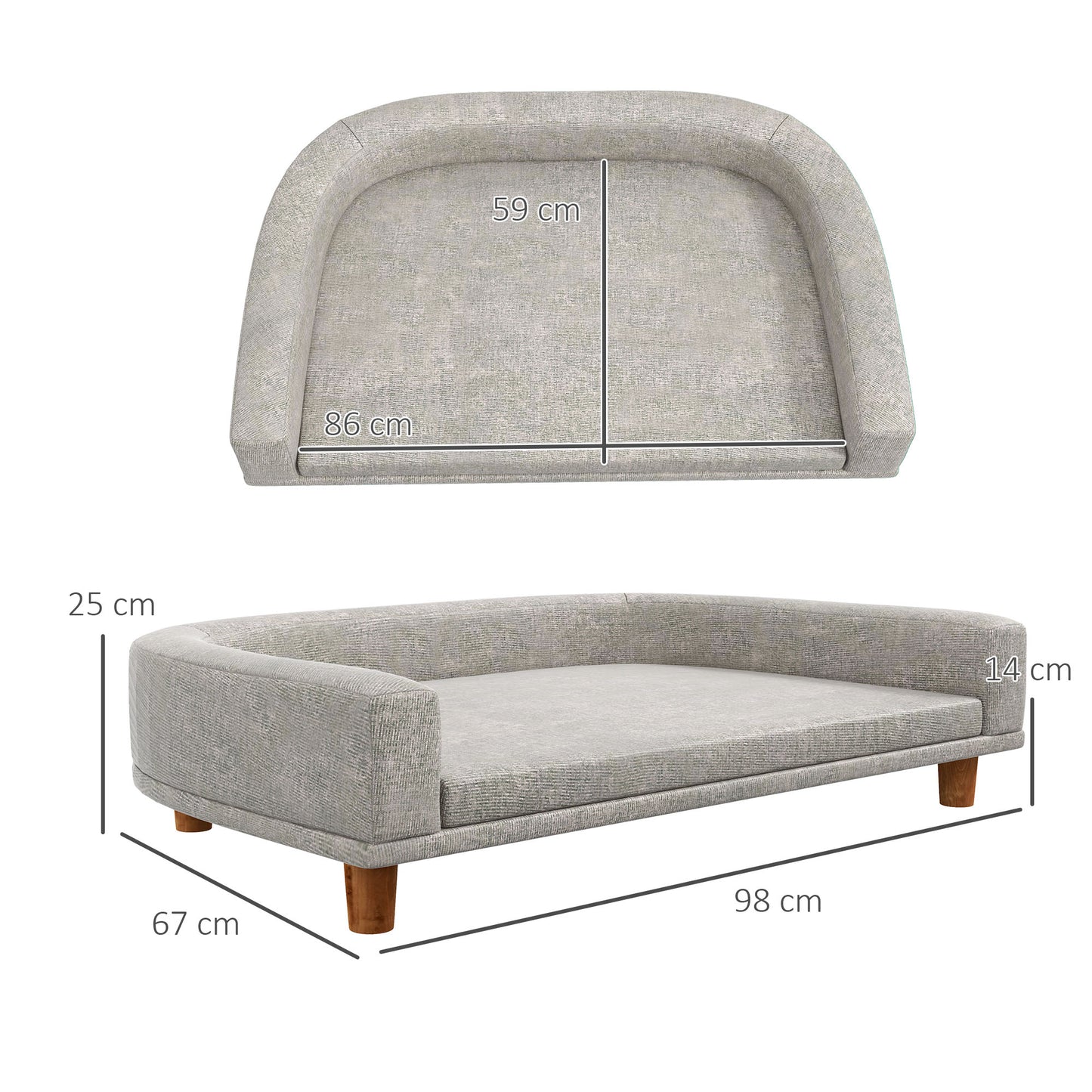 PawHut Sofá para Perros Grandes Cama Elevada para Perros Tapizada con Cojín Lavable y Patas de Madera de Pino Carga 40 kg 98x67x25 cm Gris