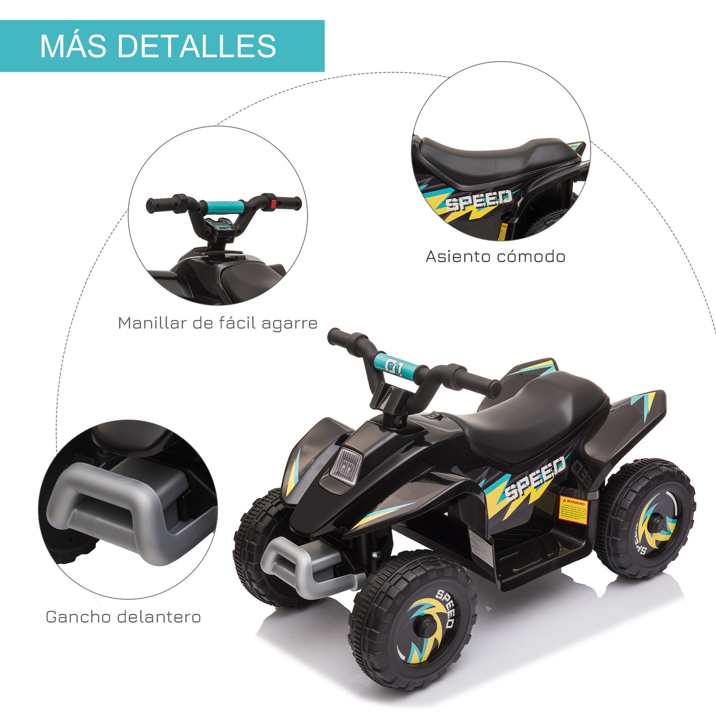 HOMCOM Quad Eléctrico para Niños de 18-36 Meses Vehículo Eléctrico Cuatrimoto a Batería 6V con Avance y Retroceso Carga Máx. 20 kg 72x40x45,5 cm Negro