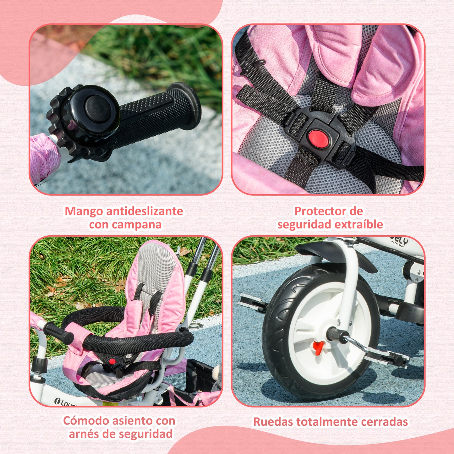 HOMCOM Triciclo para Bebés Triciclo Evolutivo para Niños con Toldo Plegable Mango de Empuje Telescópico y Desmontable Cinturón de Seguridad y Cesto 95x50x106 cm Rosa