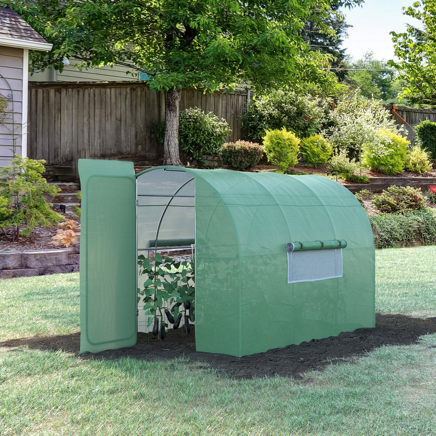 Outsunny Invernadero de Túnel 3x2x2 m con Puerta y Ventanas Función de Drenaje Invernadero de Jardín Grande con Cubierta de PE 140 g/㎡ y Metal Galvanizado para Cultivos Plantas Verduras Verde